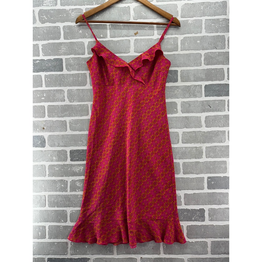 Rue 21 Pink Orange Geometric Ruffle V-Neck Flounce Hem Sleeveless Dress